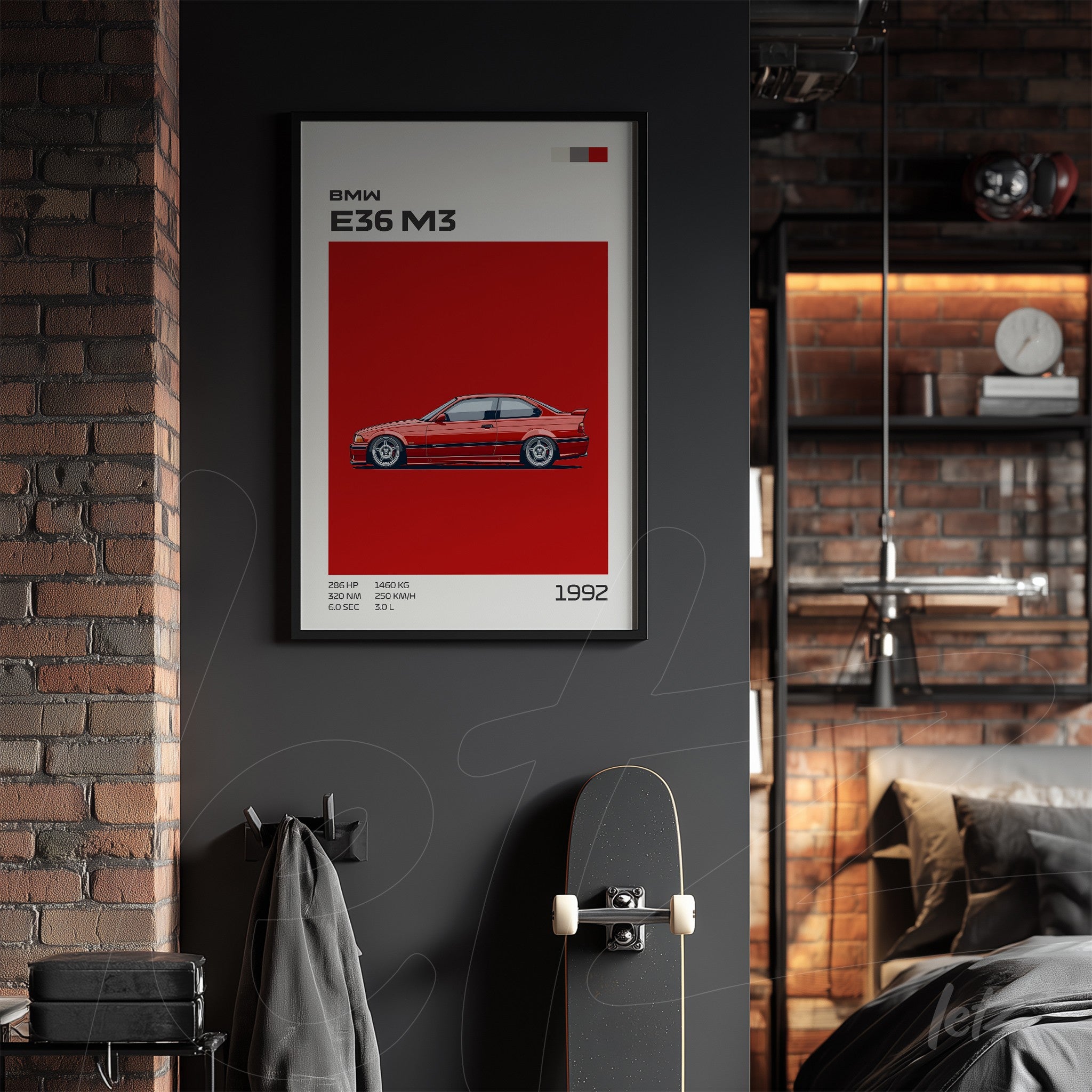 quadro com arte do carro BMW E36 M3 em molde preto, com fundo vermelho vibrante
