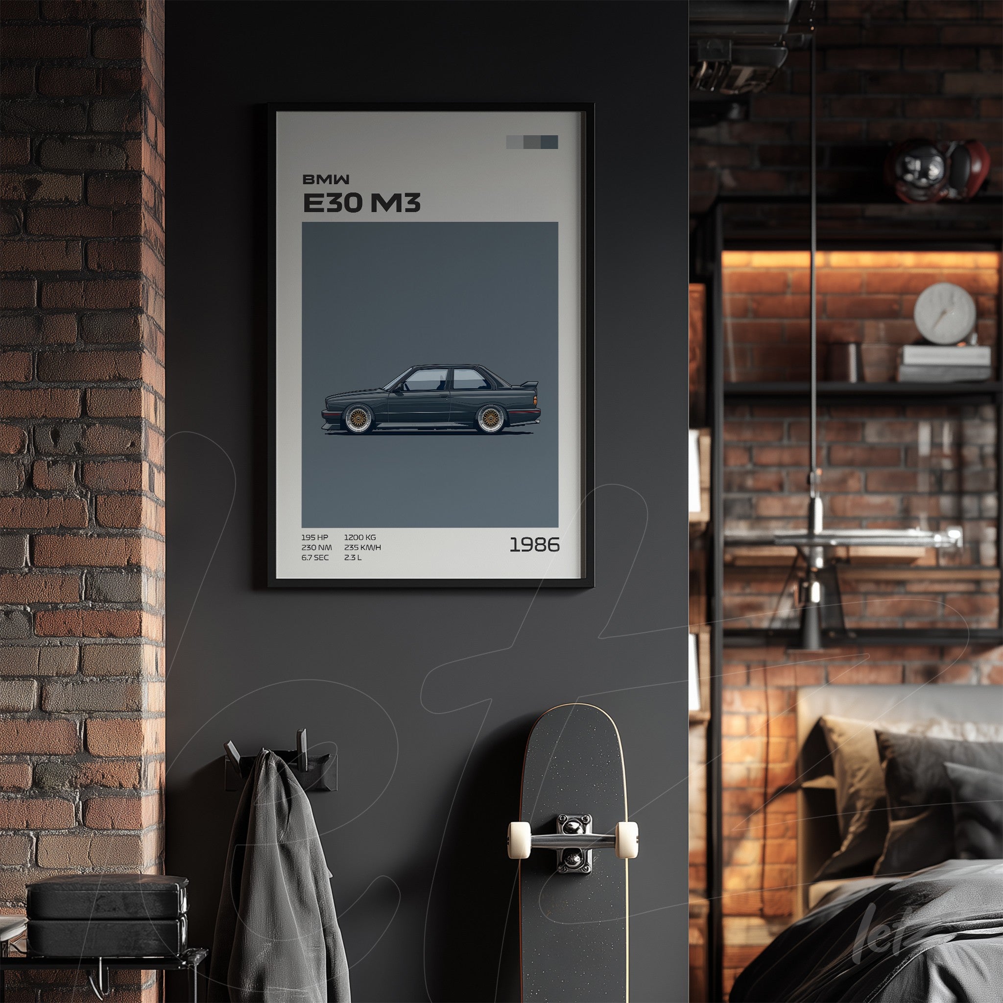 quadro com ilustração do carro BMW E30 M3 em moldura preta sobre parede cinza