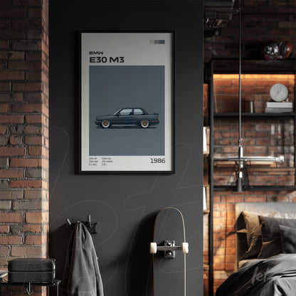quadro com ilustração do carro BMW E30 M3 em moldura preta sobre parede cinza