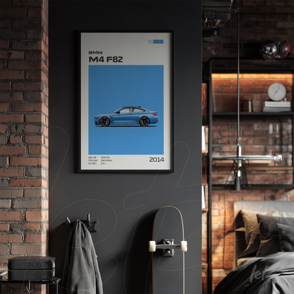 quadro na parede com design minimalista mostrando o carro BMW M4 F82 em fundo azul com moldura preta