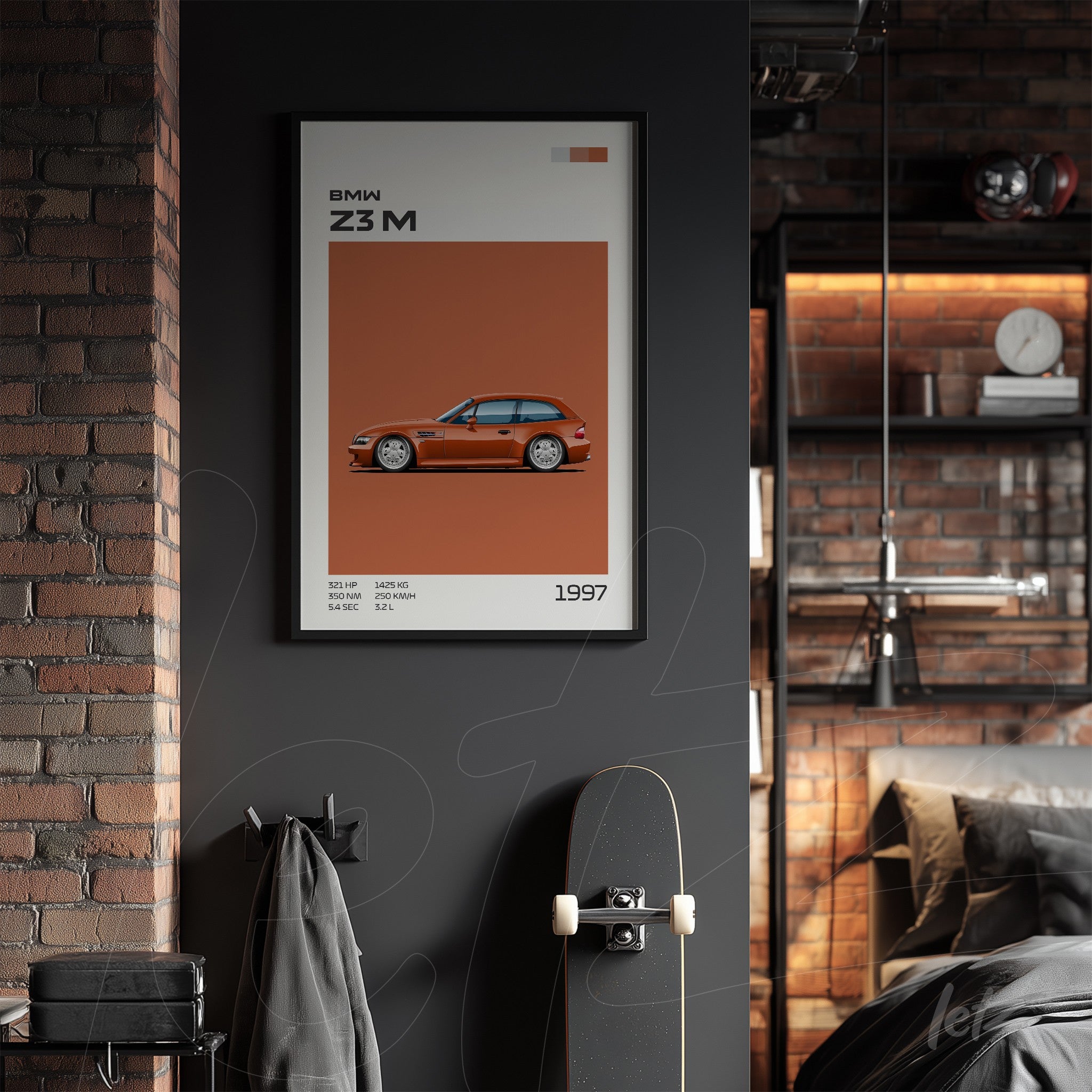 quadro com arte gráfica do BMW Z3 M em moldura preta, exibido em parede escura com fundo laranja