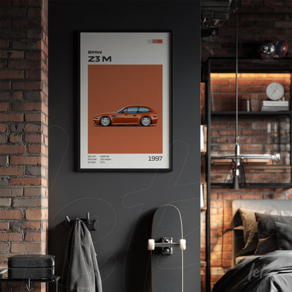 quadro com arte gráfica do BMW Z3 M em moldura preta, exibido em parede escura com fundo laranja
