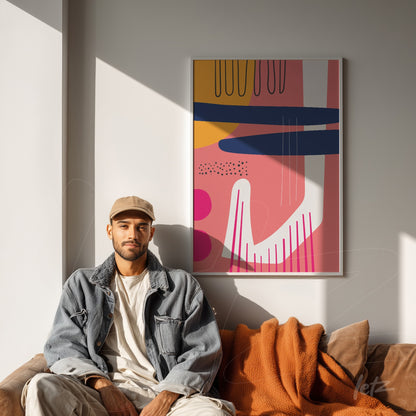 arte boho moderna com cores vibrantes em moldura branca pendurada em parede clara