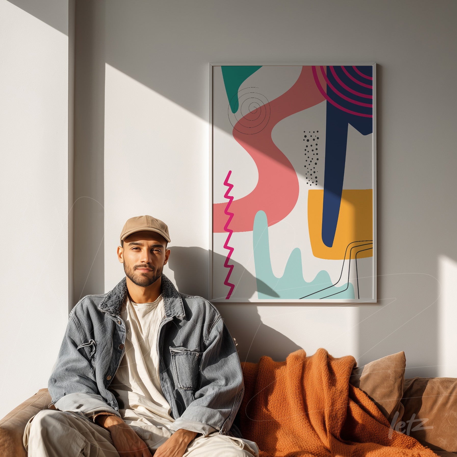 tela em canvas com arte abstrata colorida em moldura branca sobre um sofá de veludo no tom terracota