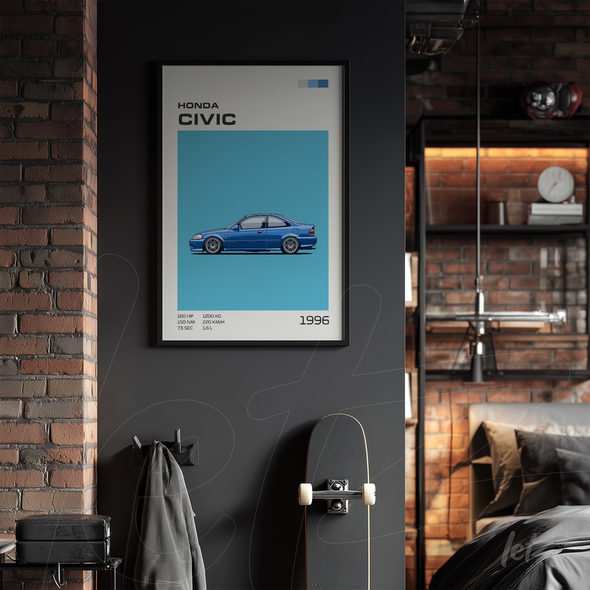 quadro com ilustração do carro Honda Civic em fundo azul e moldura preta, exibido em parede de tijolos expostos