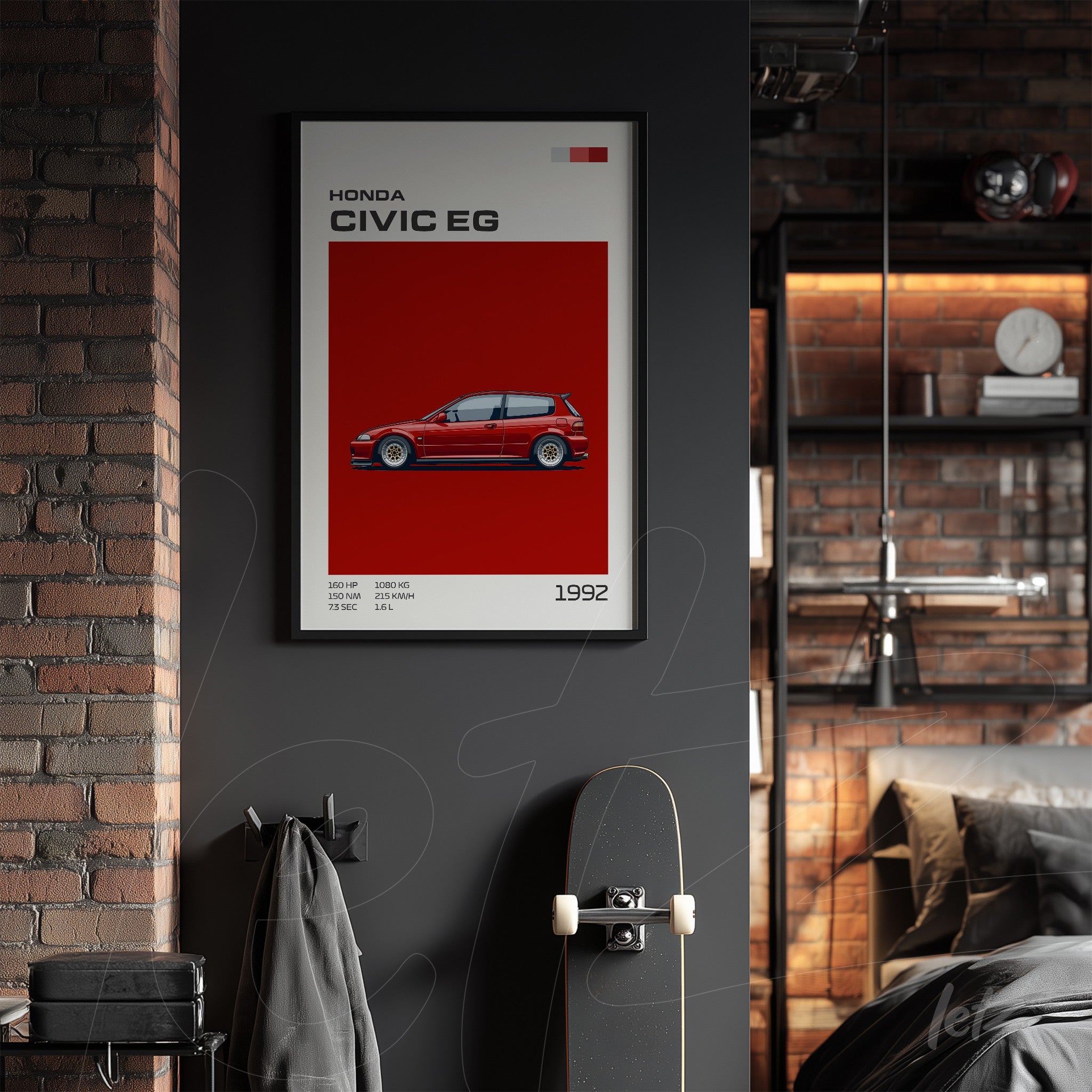 quadro decorativo com arte gráfica de carro Honda Civic EG em moldura preta, fundo vermelho, ano 1992