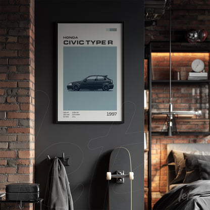 quadro com arte do Honda Civic Type R de 1997 em moldura preta sobre parede escura