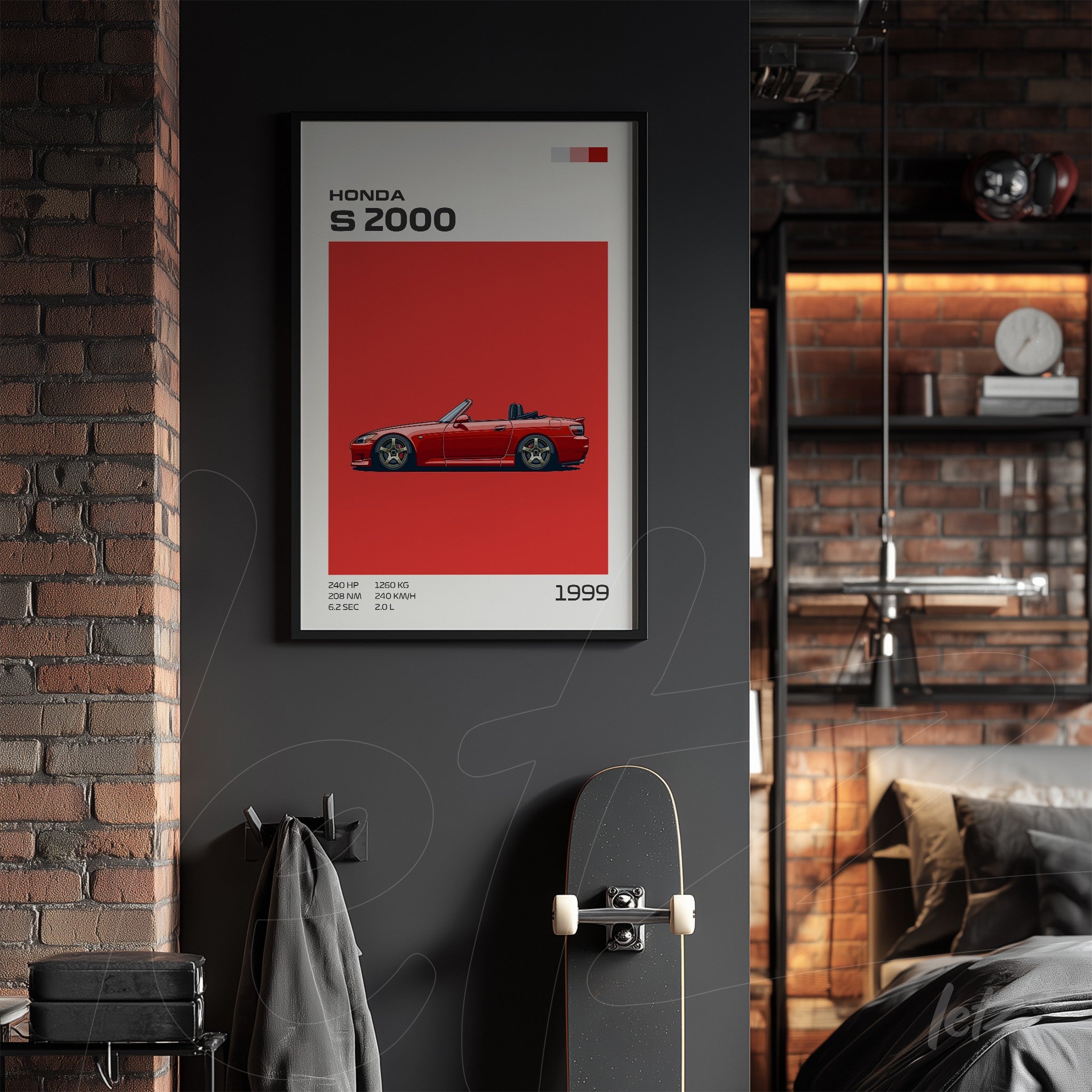 quadro com arte de carro esportivo Honda S2000 em moldura preta sobre uma parede escura