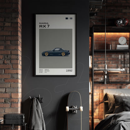 quadro com ilustração detalhada do carro Mazda RX-7 em moldura preta sobre parede cinza