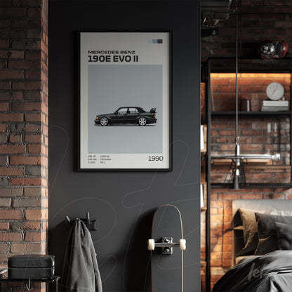 quadro emoldurado com ilustração estilizada do carro Mercedes-Benz 190E EVO II em fundo claro, exposto em parede escura de tijolos