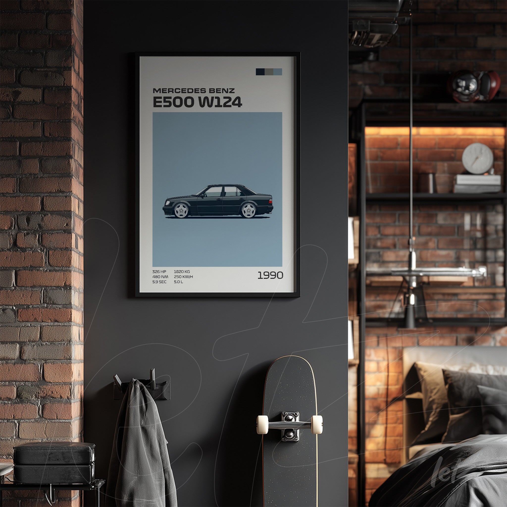 quadro com ilustração gráfica do carro Mercedes Benz E500 W124 em moldura preta sobre parede cinza