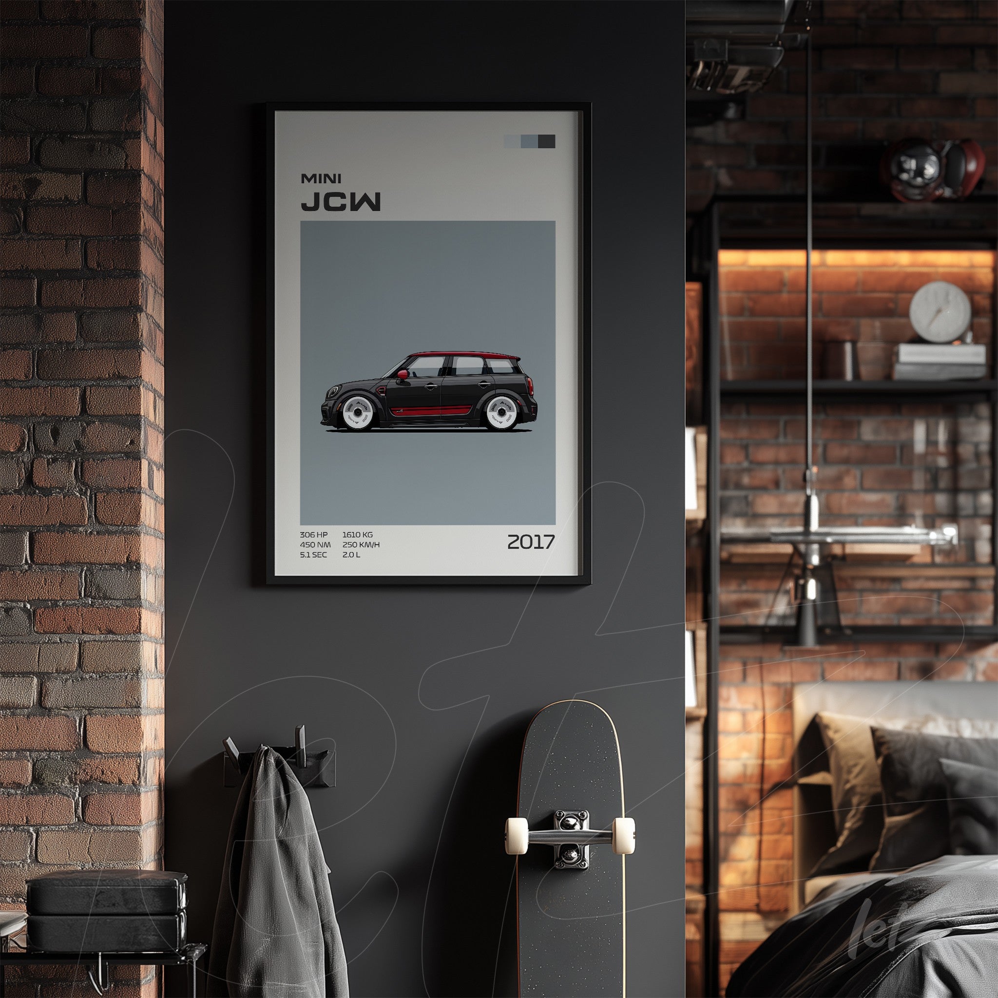 quadro decorativo com ilustração do carro Mini JCW 2017 em moldura preta sobre parede escura