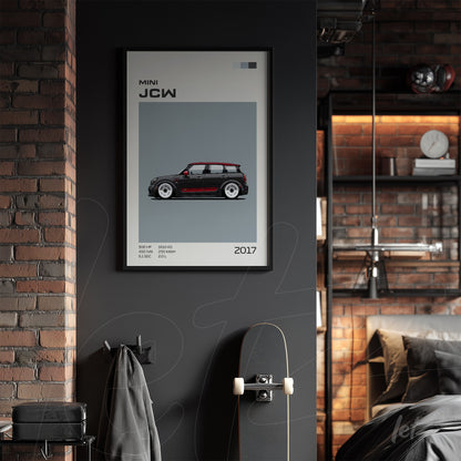 quadro decorativo com ilustração do carro Mini JCW 2017 em moldura preta sobre parede escura