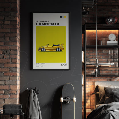 quadro com arte digital do Mitsubishi Lancer IX amarelo em moldura preta sobre parede cinza