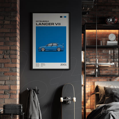 quadro com arte gráfica do carro Mitsubishi Lancer VII de 2001 em moldura preta, exibido sobre parede de tijolos expostos