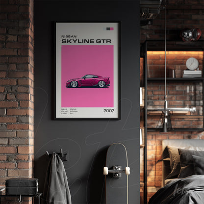 quadro com arte digital do carro Nissan Skyline GTR 2007 em moldura preta sobre parede cinza