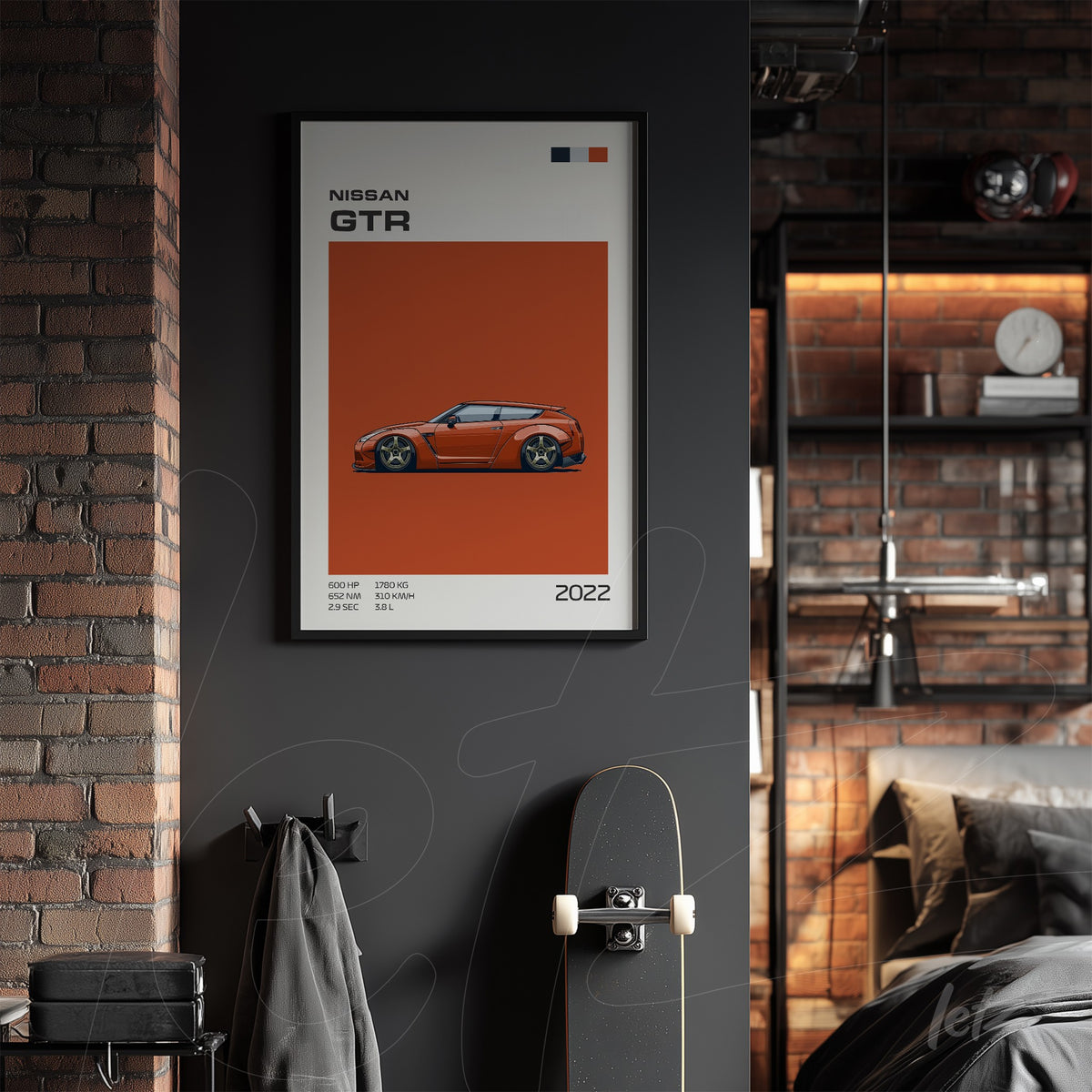 quadro decorativo do carro Nissan GTR com fundo laranja e moldura preta, exibido em ambiente com parede de tijolos
