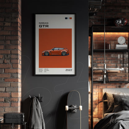 quadro decorativo do carro Nissan GTR com fundo laranja e moldura preta, exibido em ambiente com parede de tijolos