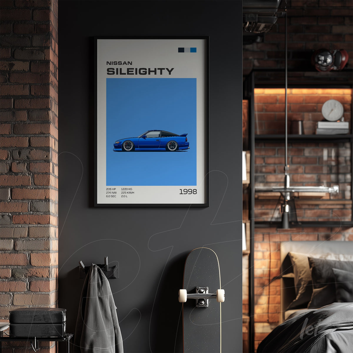 quadro com arte digital do carro Nissan Sil80 em fundo azul, moldura preta