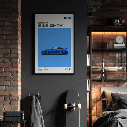 quadro com arte digital do carro Nissan Sil80 em fundo azul, moldura preta