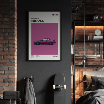 quadro com arte do carro Nissan Silvia em moldura preta na parede de tijolos expostos