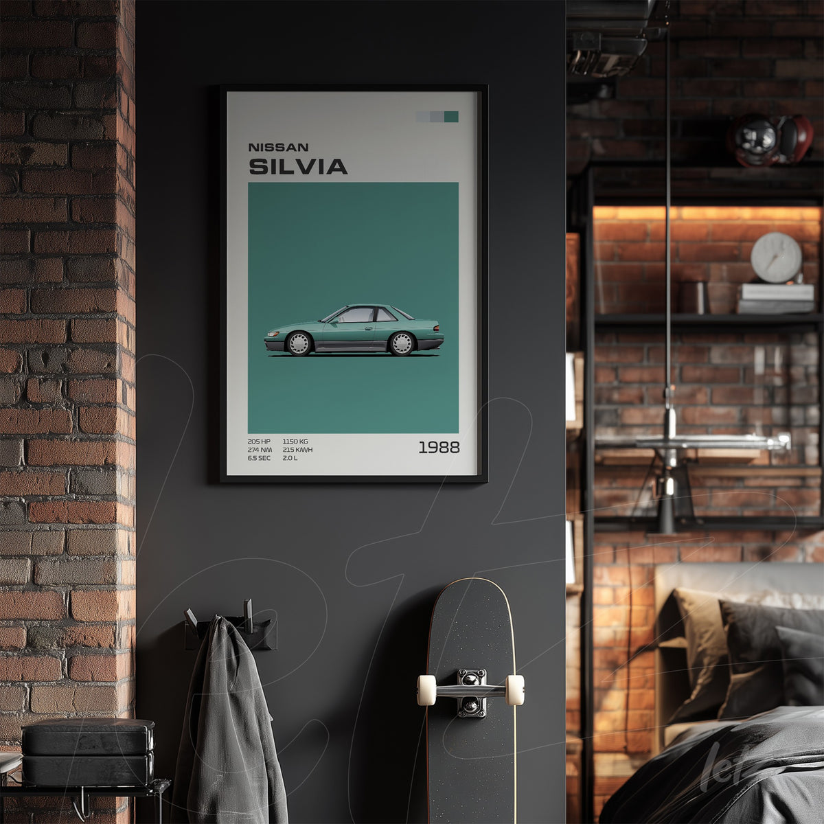 quadro com arte digital do Nissan Silvia de 1988 em moldura preta, exibido sobre parede cinza
