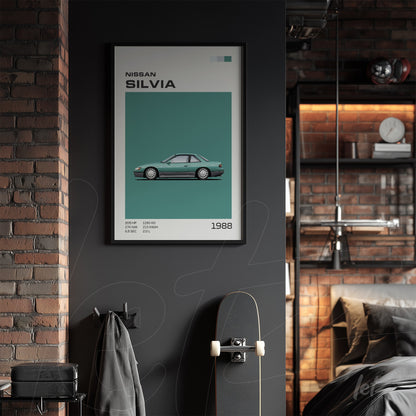 quadro com arte digital do Nissan Silvia de 1988 em moldura preta, exibido sobre parede cinza