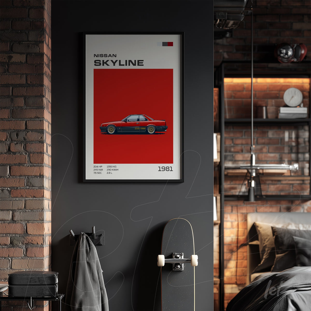 quadro decorativo de carro esportivo Nissan Skyline em moldura preta, com fundo vermelho vibrante