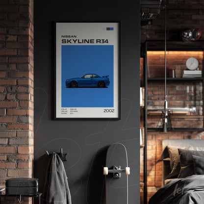 quadro com arte digital do carro Nissan Skyline R34 em moldura preta sobre parede escura