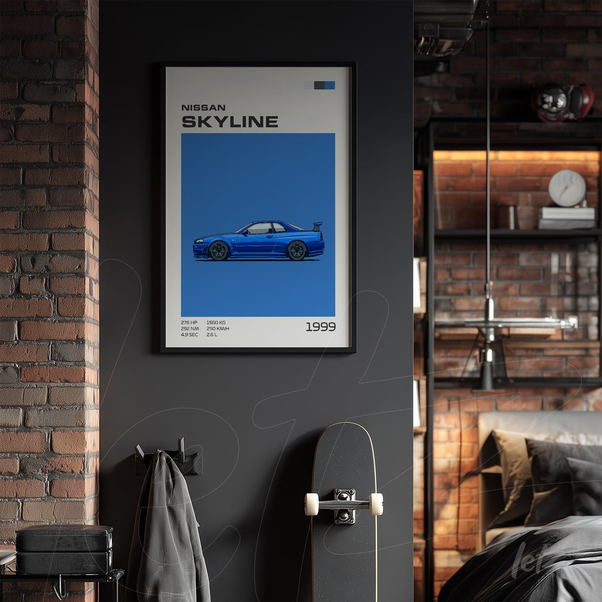 quadro com arte de carro esportivo Nissan Skyline em moldura preta com fundo azul