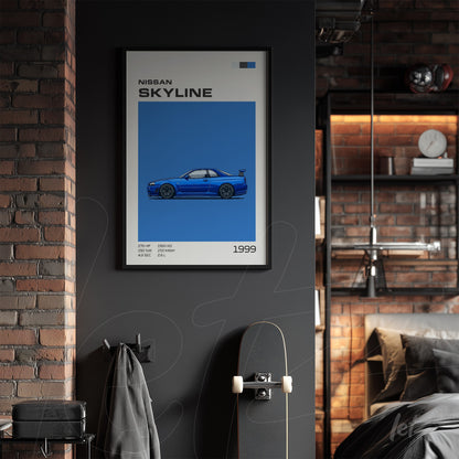 quadro com arte de carro esportivo Nissan Skyline em moldura preta com fundo azul