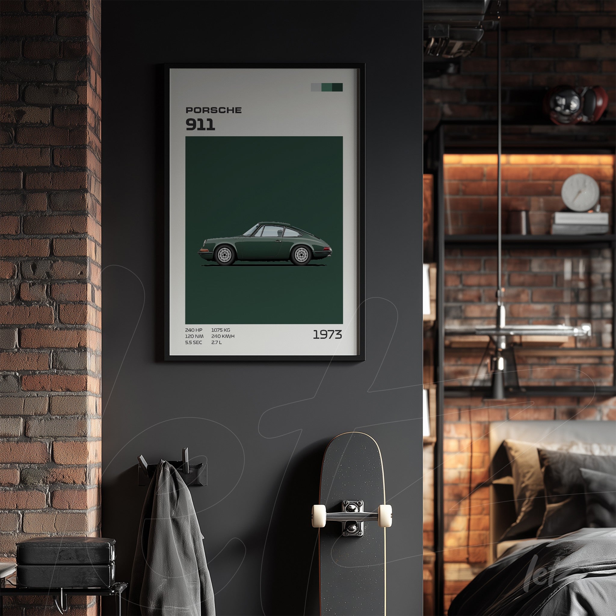 quadro com ilustração do carro Porsche 911 em moldura preta sobre parede escura
