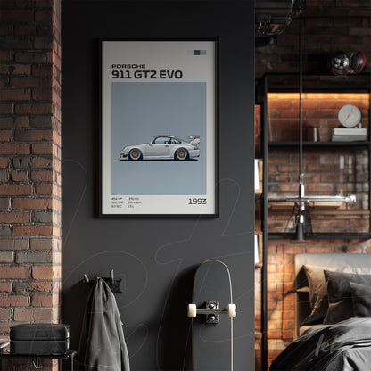 quadro com ilustração do carro esportivo Porsche 911 GT2 EVO em moldura preta sobre parede escura