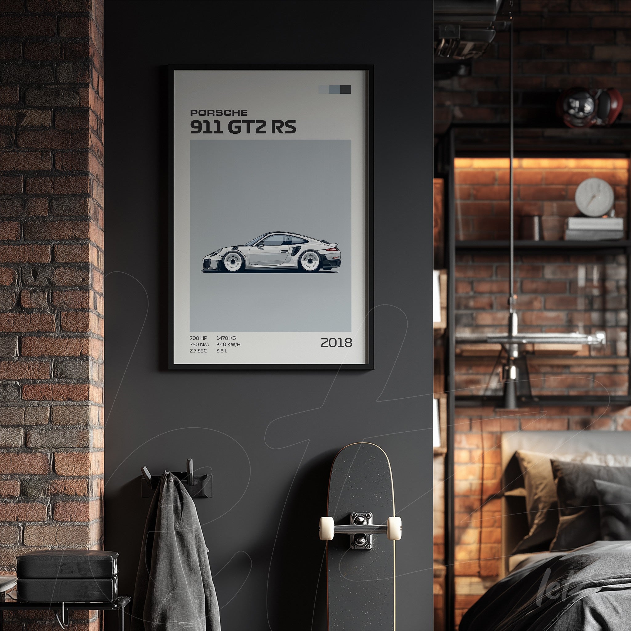 quadro com arte minimalista do carro Porsche 911 GT2 RS em moldura preta sobre parede de tijolos expostos