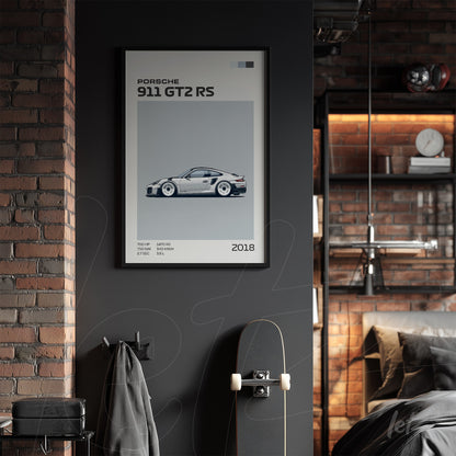 quadro com arte minimalista do carro Porsche 911 GT2 RS em moldura preta sobre parede de tijolos expostos