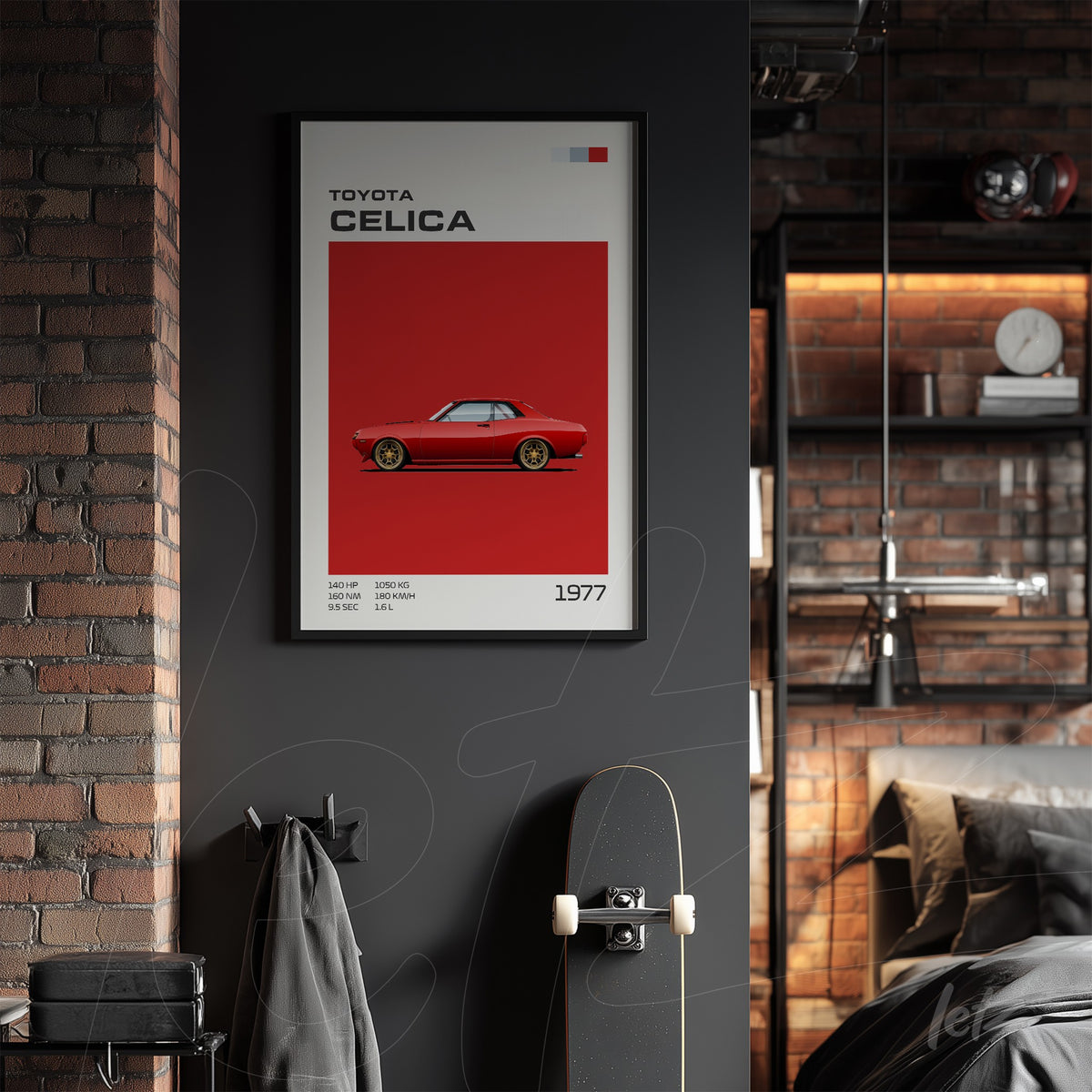 quadro emoldurado com arte do carro Toyota Celica em fundo vermelho vibrante