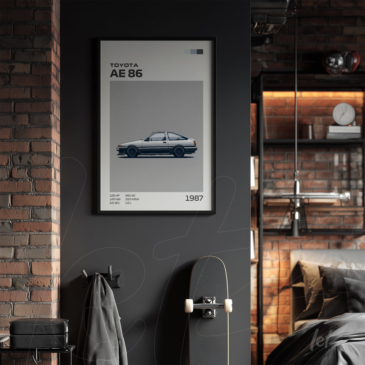 quadro com arte de um carro Toyota AE 86 em moldura preta fina sobre parede escura