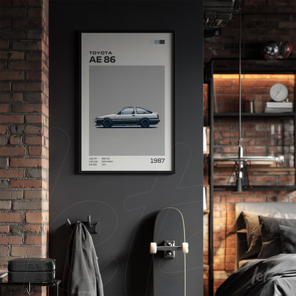 quadro com arte de um carro Toyota AE 86 em moldura preta fina sobre parede escura