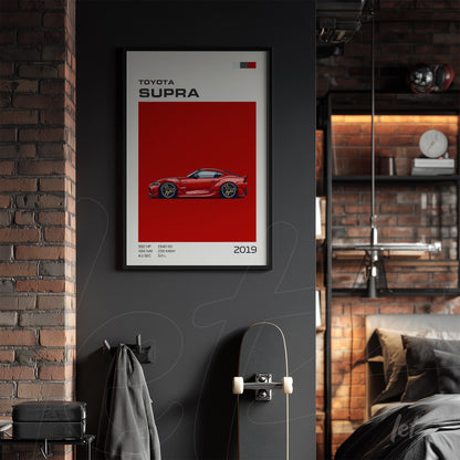 quadro com arte digital do carro Toyota Supra em moldura preta sobre parede escura