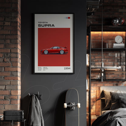 quadro na parede de quarto moderno com o carro Toyota Supra em fundo vermelho e moldura preta