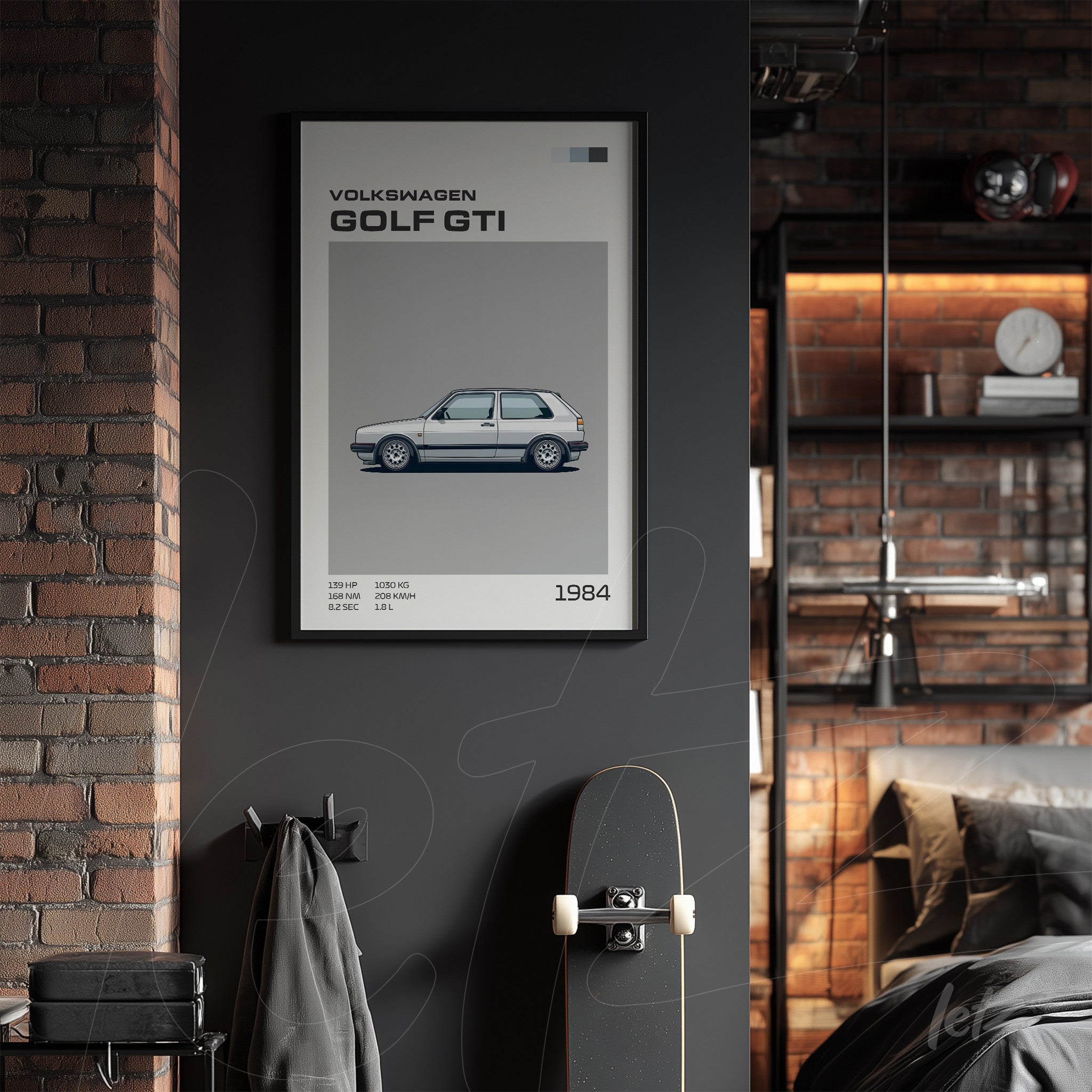 quadro com arte gráfica do Volkswagen Golf GTI de 1984 em moldura preta sobre parede escura