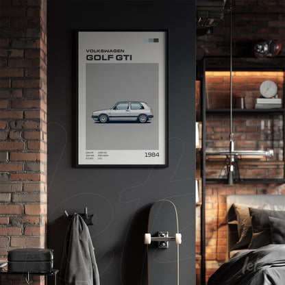 quadro com arte gráfica do Volkswagen Golf GTI de 1984 em moldura preta sobre parede escura