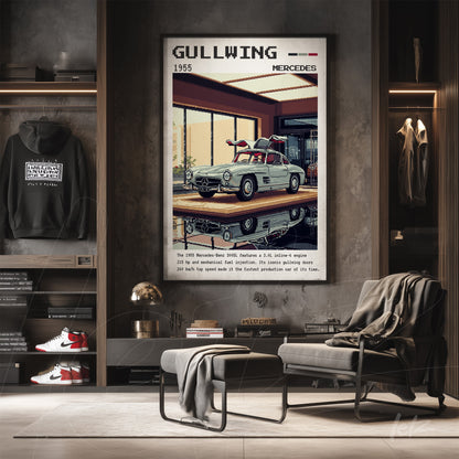 quadro com arte retrô do carro Mercedes-Benz 300 SL Gullwing em moldura escura, com fundo de ambiente moderno