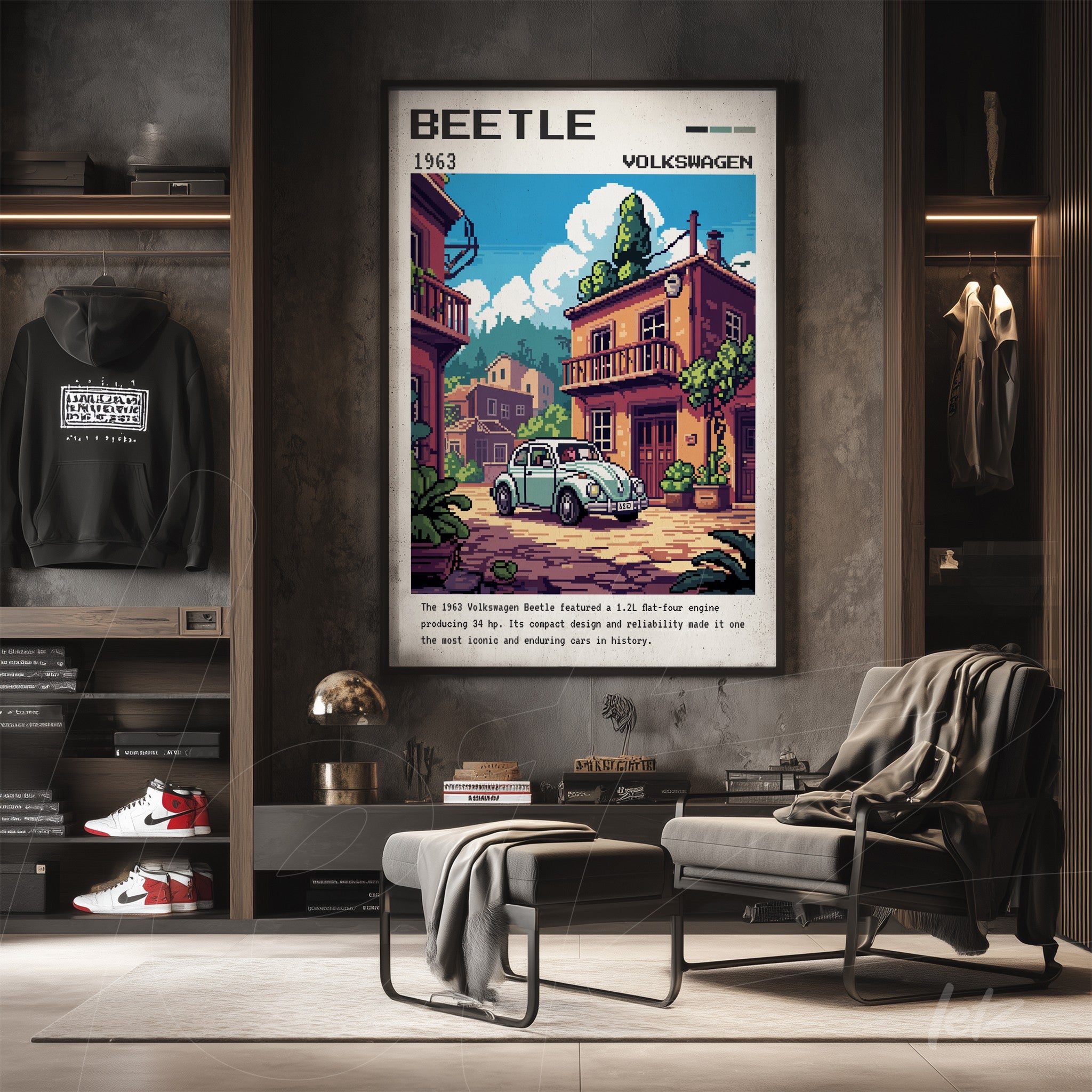 quadro decorativo com ilustração vintage do Volkswagen Beetle em moldura escura, exibido em ambiente moderno com cadeira e casaco ao fundo