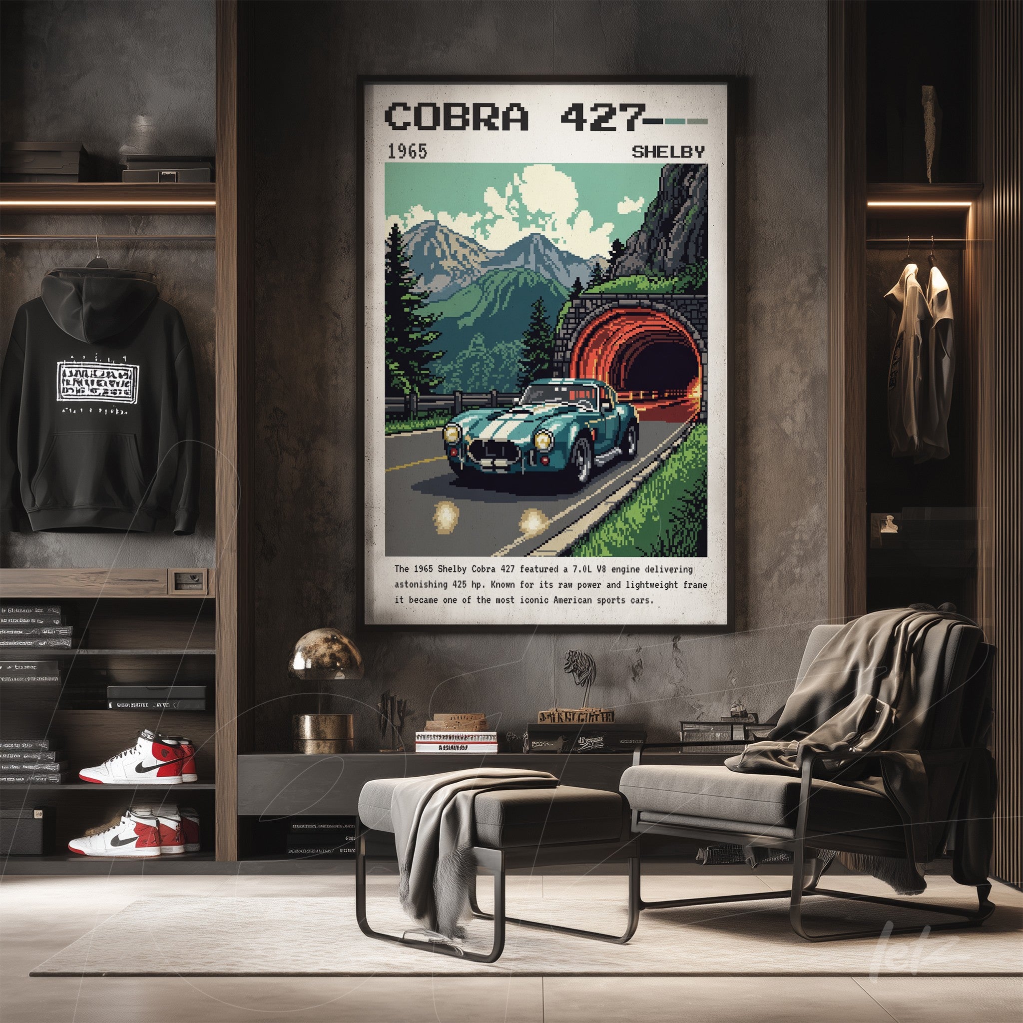 quadro com arte digital de carro esportivo Shelby Cobra 427 em uma estrada montanhosa com túnel