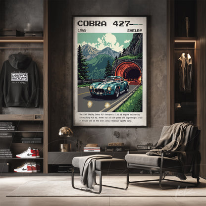 quadro com arte digital de carro esportivo Shelby Cobra 427 em uma estrada montanhosa com túnel