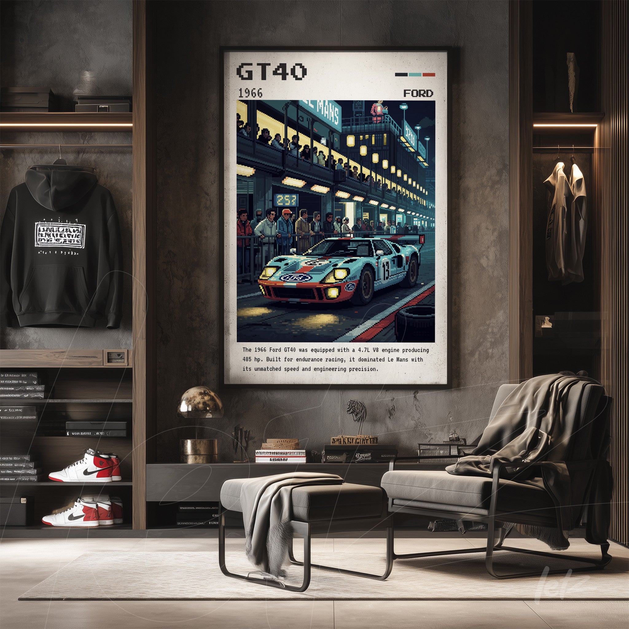 quadro em estilo vintage da corrida do Ford GT40 de 1966 com moldura preta e fundo escuro
