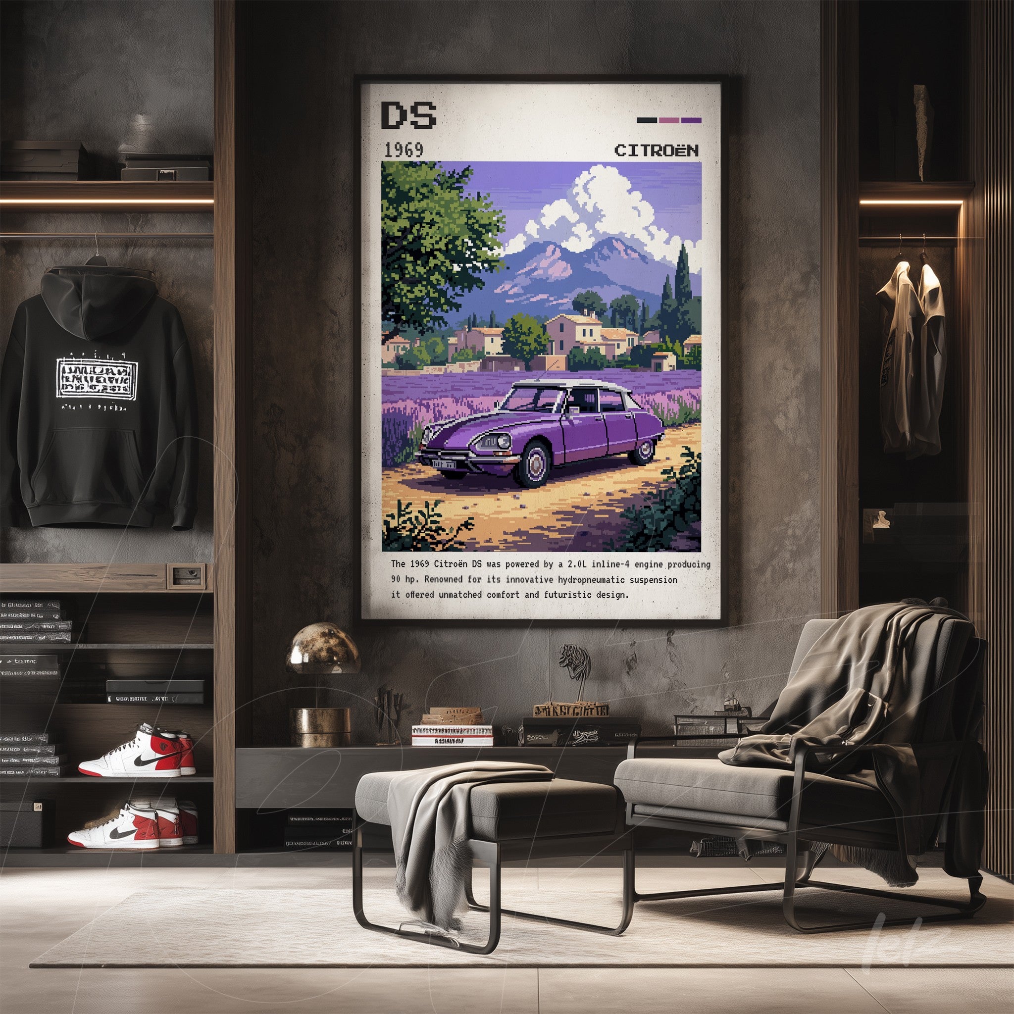 quadro de arte estilizada do carro Citroën DS dos anos 1969 com moldura escura em ambiente moderno