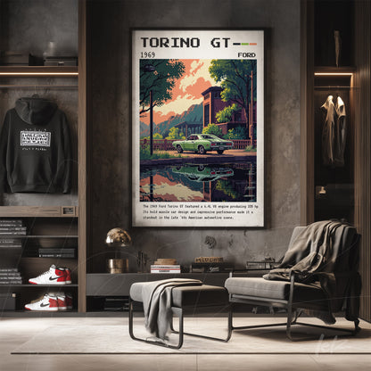 quadro no estilo retro retratando um Ford Torino GT de 1969 com fundo de paisagem urbana refletindo em água, exibido sobre parede escura
