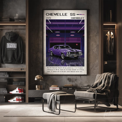 quadro com arte digital de um Chevrolet Chevelle SS 1970 em uma moldura escura sobre parede de tijolos expostos